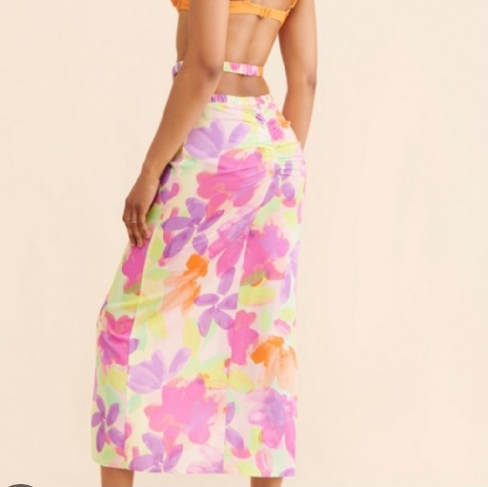 For Love And Lemons Pink,Orange,purple print midi ruched Skirt size L  NWTS - Picture 2 of 10